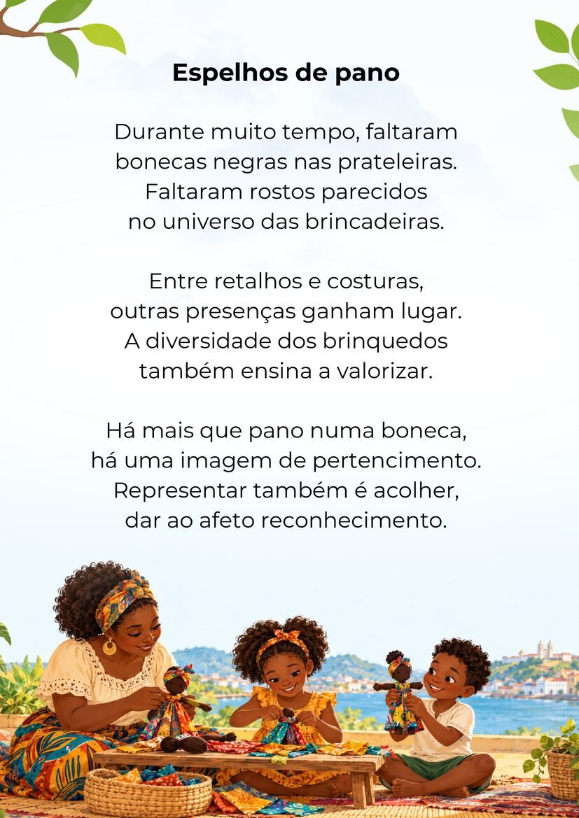 Poema Espelhos de pano, com uma mulher e duas crianças negras segurando bonecas de tecido sobre uma mesa.